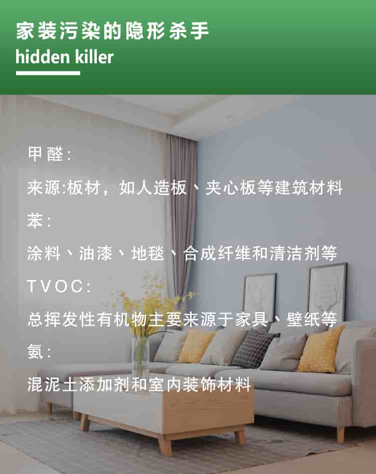 家裝隱形殺手，hidden killer，甲醛來(lái)源板材，如人造板材丶夾心板等建筑材料，苯涂料丶油漆丶地毯丶合成纖維和清潔劑等，TVOC總揮發(fā)性有機(jī)物主要來(lái)源于家具壁紙等，氨混泥土添加劑和室內(nèi)裝飾材料