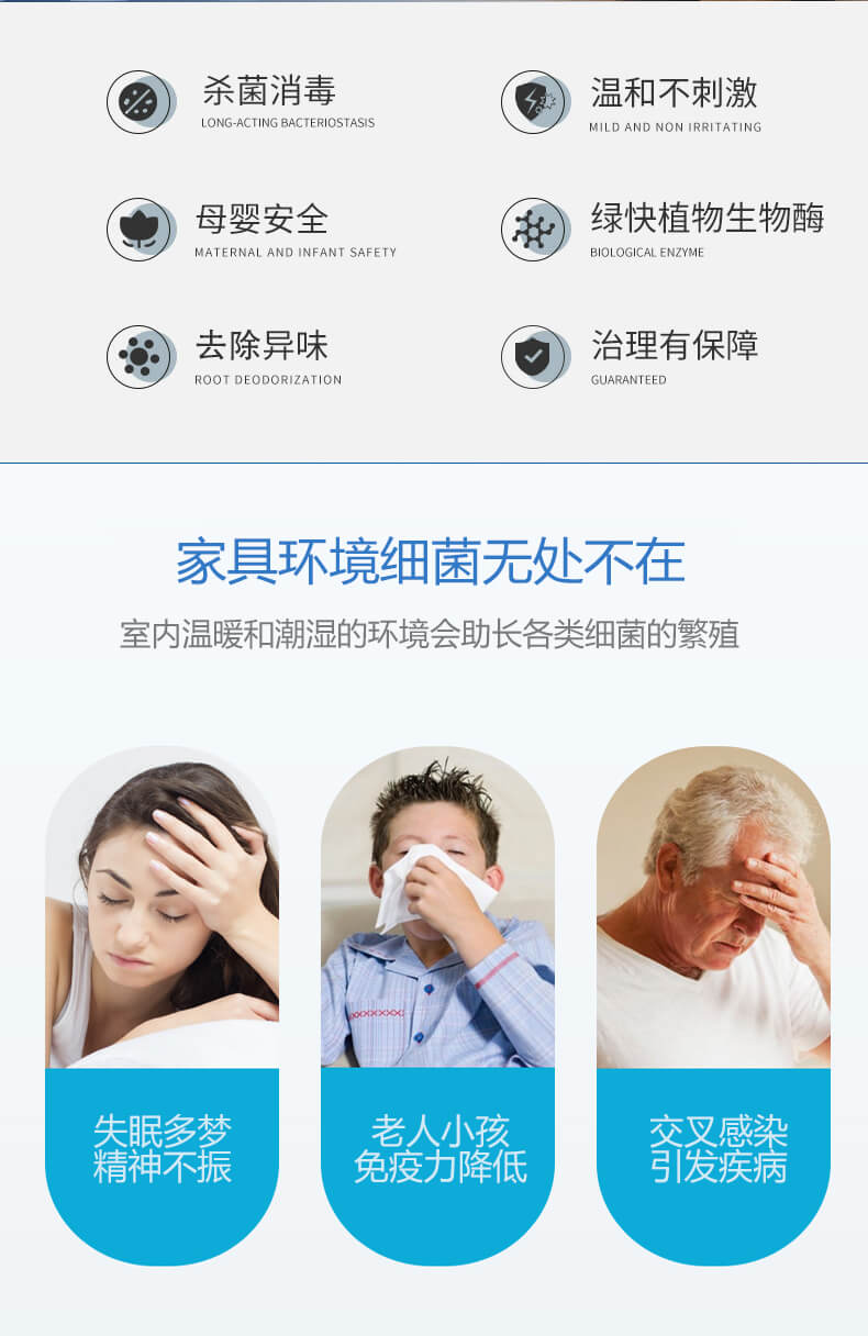 殺菌消毒，溫和不刺激，母嬰安全，綠快植物生物酶，祛除異味，治理有保障，家具環(huán)境細(xì)菌無處不在，室內(nèi)溫暖和潮濕的環(huán)境會助長各類細(xì)菌的繁殖，失眠多夢，精神不振，老人小孩免疫力降低，交叉感染，引發(fā)疾病